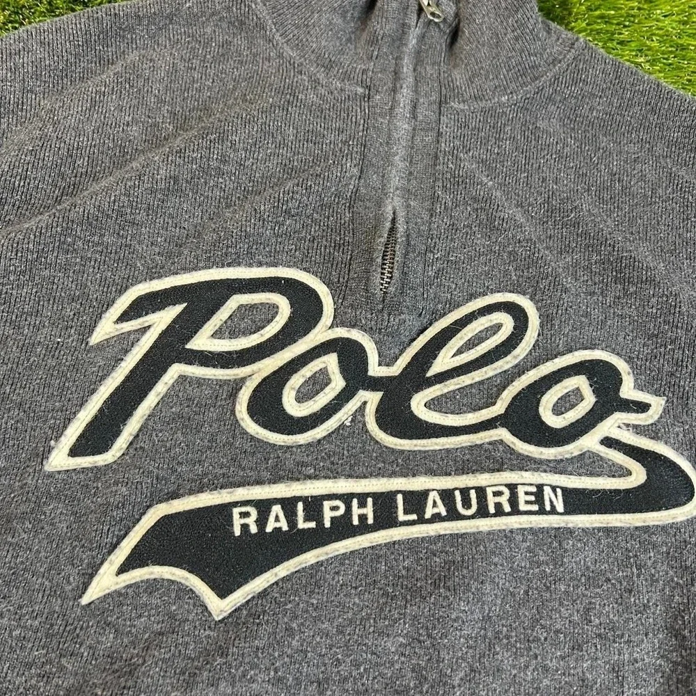 Polo Ralph Lauren Quarter Zip Knit Sweater Spell Out Logo Gray Mens XL Cotton
